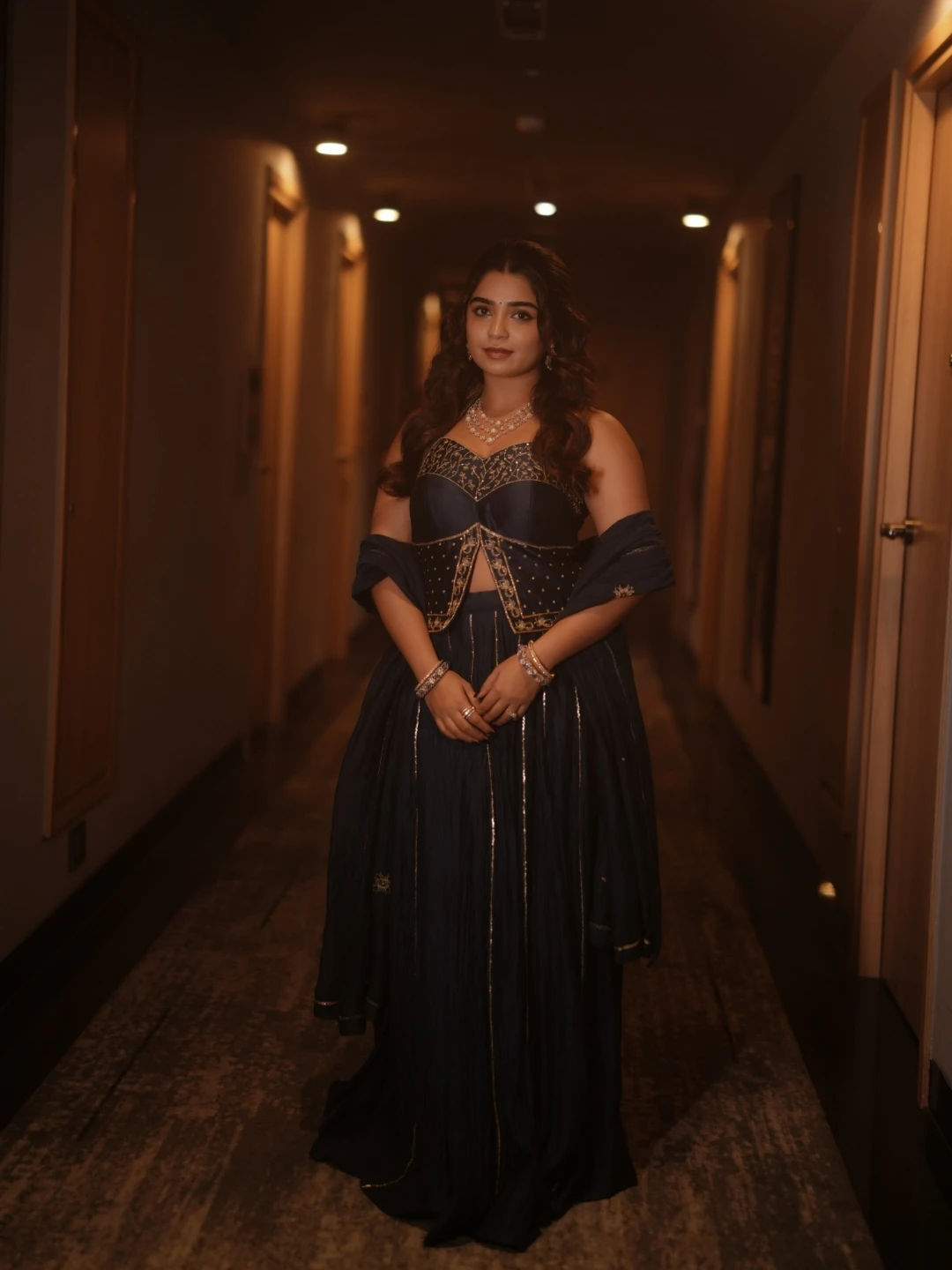 Gouri Kishan full-length pose in navy blue lehenga during Kalyan Jewellers Navratri ad shoot